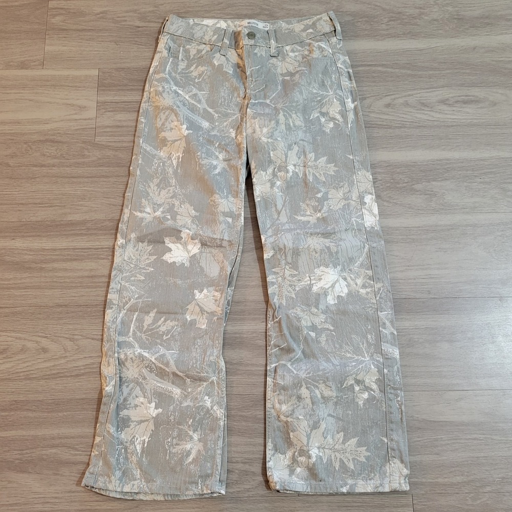 Hollister Low-Rise Baggy Jeans Grey Leaf Camo Print W26 2R Wide Leg Cotton Denim